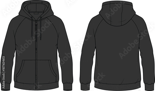 Blank Black Zip Up Hoodie Mockup Front and Back View, Fleece Hooded Sweatshirt Template, Raglan Sleeve Outerwear Flat Lay for Apparel Design Branding