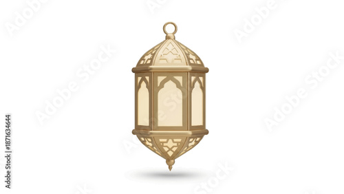 Ornate Golden Lantern Illuminated with Warm Light, Featuring Intricate Geometric Patterns, Isolated on White Background