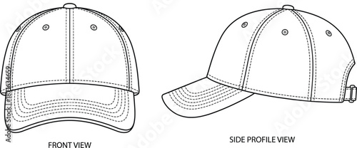 Blank Baseball Cap Vector Mockup Technical Sketch Template with Front and Side View for Fashion Design Tech Pack and Apparel Branding