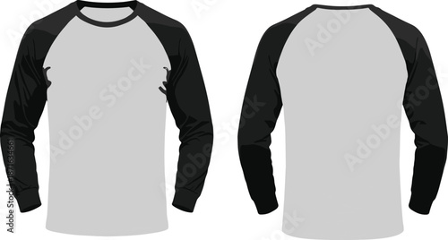 Blank men's raglan long sleeve t-shirt mockup vector with grey body and black sleeves front and back view for design.