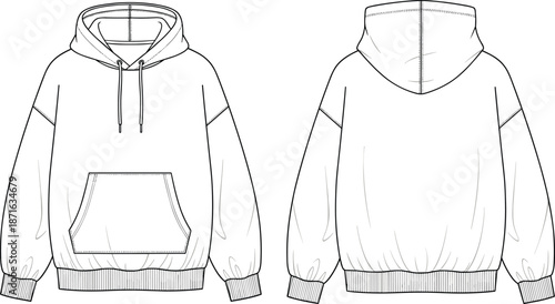 Blank oversized hoodie technical sketch vector, front and back view fashion flat mockup, white hooded sweatshirt template for clothing design and manufacturing.