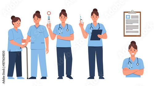 Medical professionals in various poses and actions, showcasing different aspects of healthcare and medicine in a clean and simple illustration style.