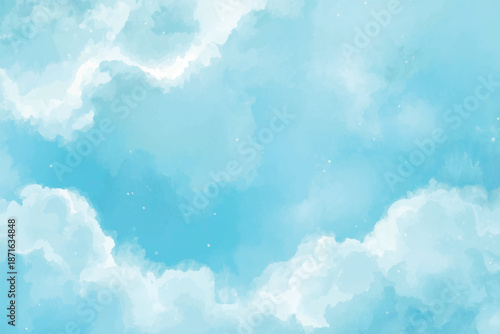 A bright blue sky with fluffy white clouds floating gently