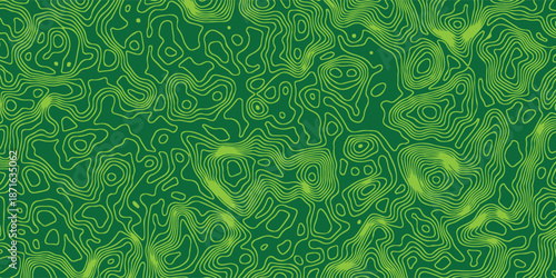 Abstract seamless pattern with flowing green topographic contour lines.