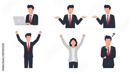 Business professionals reacting to a presentation with diverse emotions and gestures in a corporate setting