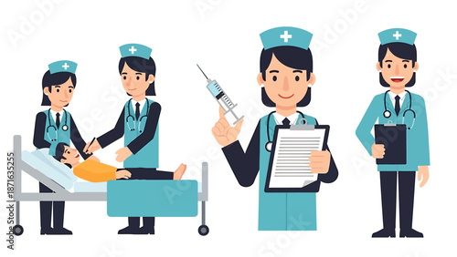 Medical professionals performing various tasks in a healthcare setting illustrated in a vector graphic style