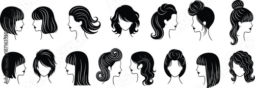 Silhouettes of Sixteen Female Hairstyles in Varied Lengths and Textures, Calm Mood, One-Panel Fashion Vector Illustration Design