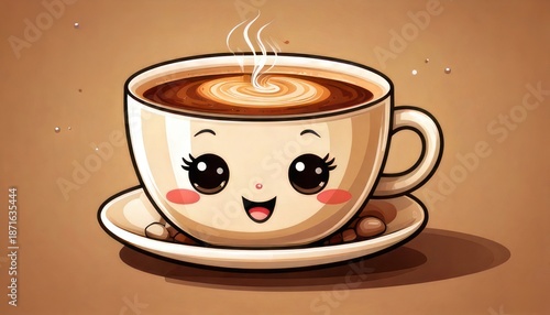 Adorable Kawaii Coffee Cup Illustration with Smiling Face.