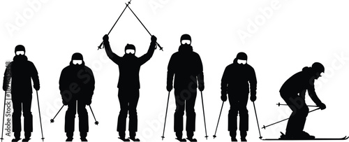 Silhouettes of Skiers in Winter Gear Performing Varied Poses, Calm Mood, One-Panel Sports Motion and Lifestyle Vector Illustration