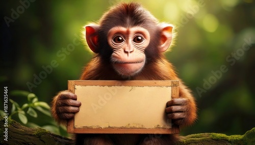 Adorable monkey holding a blank sign in a lush jungle setting.
