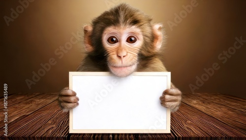 Adorable monkey holding a blank sign on a wooden table.