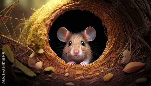 Adorable mouse peeking out from its cozy nest in the woods.