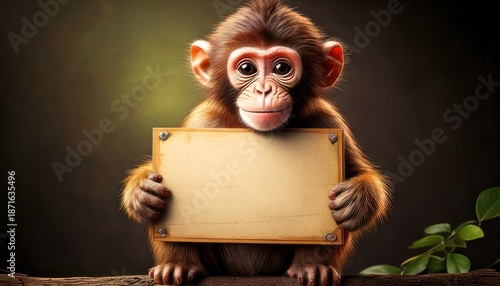 Adorable monkey holding blank sign with expressive eyes.