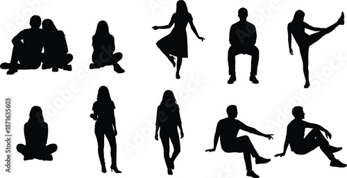 Silhouettes of ten people in seated and standing poses, ideal for posture reference, design, and body language illustration.
