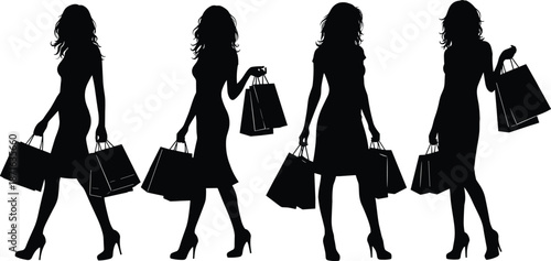 Elegant woman shopping silhouette set carrying bags, fashion lifestyle concept, retail style, and modern consumer activity isolated on white background