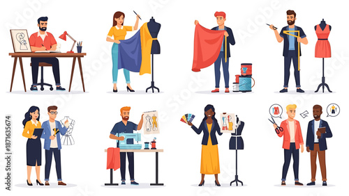 Fashion designers collaborating on clothing designs in a studio with mannequins and fabric