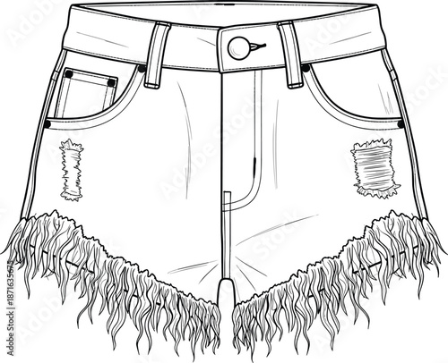 Distressed denim shorts technical sketch vector, high waisted jean hot pants with fringe hem, fashion flat mockup for clothing design and manufacturing.