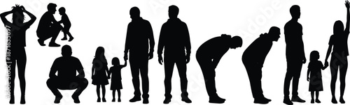 Family life silhouette collection showing parents and children in daily activities, growth stages, care, and togetherness isolated on white background