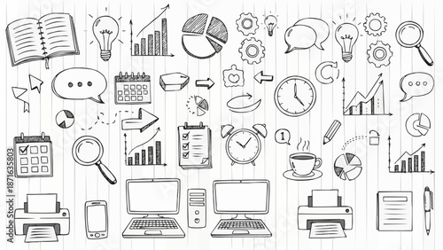 Business concept doodles with charts and office supplies.