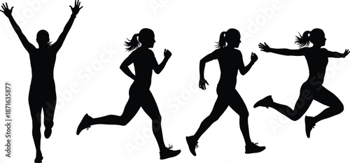 Female runner silhouette sequence showing running, jumping, and active fitness movement, sporty woman training isolated on white background