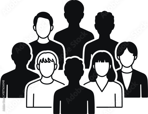 Black and white of seven faceless people standing together group silhouettes