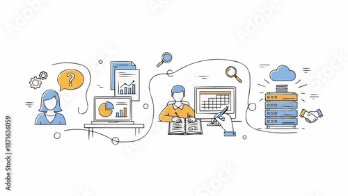 Business analytics and data management workflow illustration.