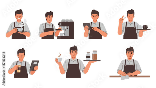 Barista preparing coffee drinks in a modern cafe setting with various equipment and ingredients