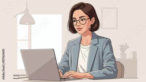 Professional woman working on laptop, business workspace, modern flat illustration