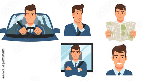 Businessman in various roles and scenarios with money and technology