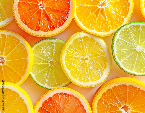 ゆずやすだちなど多種多様な柑橘フルーツのスライスを並べた瑞々しい果肉の粒感が美しい高品質フード写真