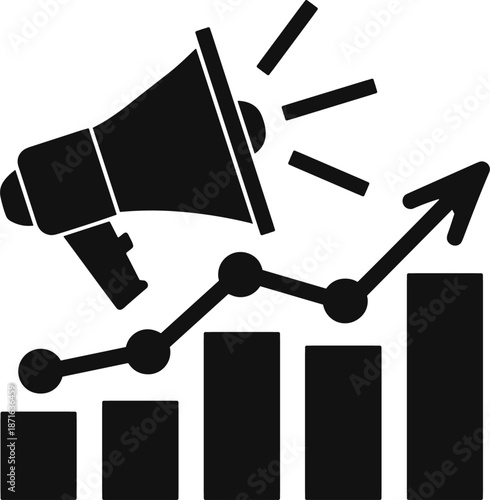 Black megaphone announcing rising graph with arrow white