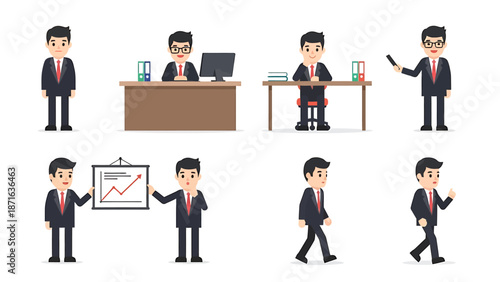 A businessman presents data on a presentation board in various office settings.