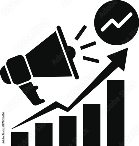 Black megaphone announcing rising graph with bar chart and growing trend line growth