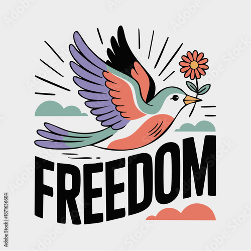 freedom in flight: a radiant bird carries a red bloom beneath bold black letters of liberation