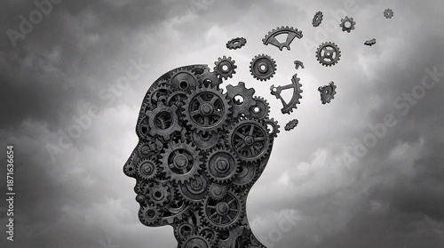 Human head silhouette formed with mechanical gears, representing thinking process, intelligence, psychology, decision making, creativity and cognitive function.