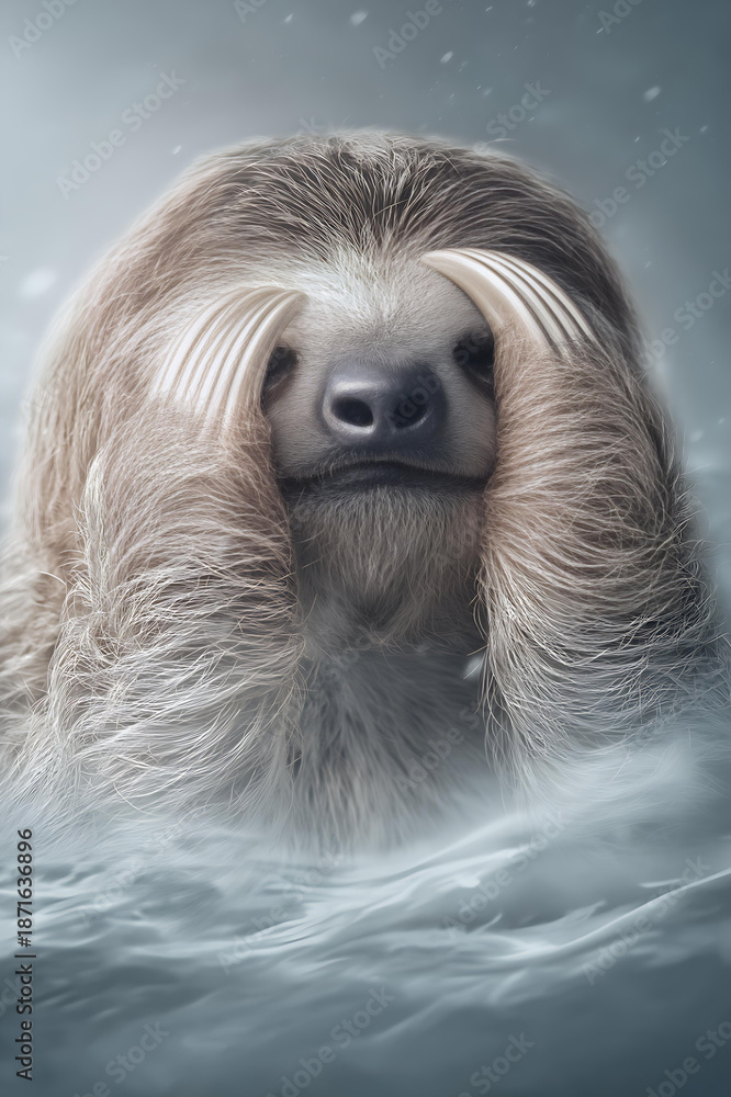 Fototapeta premium Whimsical Sloth Fantasy: Cute Mammal Illustration with Fuzzy Fur and Surreal Expressions in a Winter Wonderland Adventure