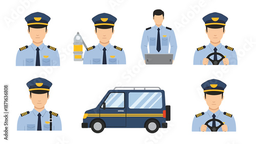 Police officers and patrol vehicle in uniform standing together