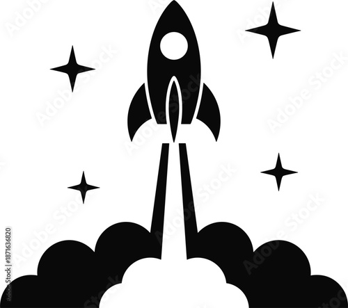 Black silhouette of a rocket launching into space with stars