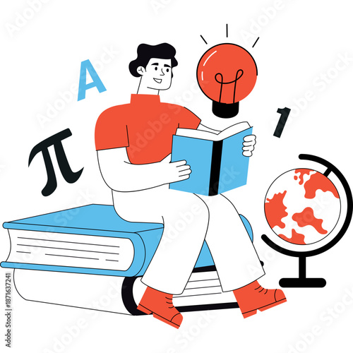 Student Reading Books with Lightbulb and Globe Illustration