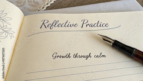 Reflective Practice Journal Open Page with Fountain Pen for Personal Growth and Mindfulness Practices