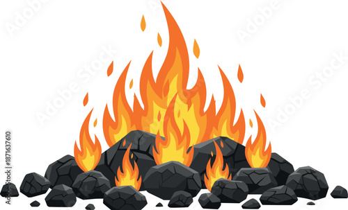 Burning coal pile with bright orange flames isolated on white background vector illustration for barbecue or energy concept.