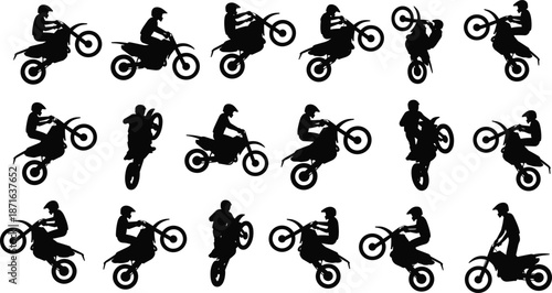 Silhouettes of Twenty Motorcyclists Performing Stunts and Jumps, Calm Mood, One-Panel Extreme Sports and Action Vector Illustration Design
