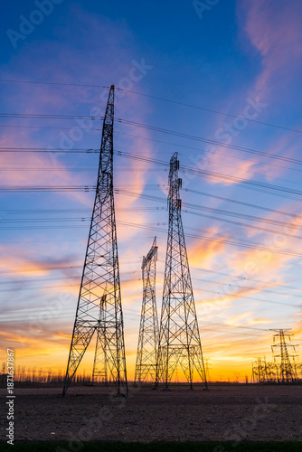 Wallpaper Mural The pylons are in the evening, Substation in the evening, High voltage substation and beautiful sunset glow Torontodigital.ca