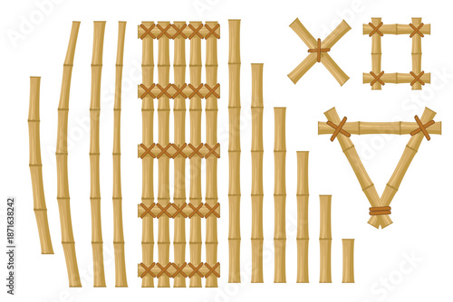 Vector illustration set of bamboo elements and structures, including bamboo poles, fences, frames, and tied joints. Isolated on white background, suitable for design and decoration.