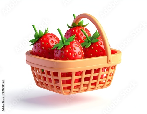 Basket filled with bright red, juicy strawberries on a white background