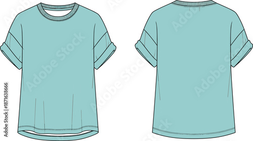 Technical fashion flat sketch of a women's mint green oversized tshirt with drop shoulders cuffed short sleeves and ribbed neckline