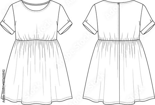 Technical fashion flat sketch of pussy bow blouse, high neck maxi dress with raglan sleeves, and short sleeve empire waist dress, template