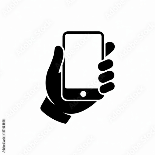 Hand holding smartphone silhouette icon on white background for mobile payment concept app download button touch screen gesture illustration contactless service and modern technology pictogram