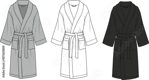 Technical fashion flat sketch of unisex bathrobe set in grey, white, and black colors for tech pack design and manufacturing.