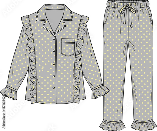 Technical fashion flat sketch of women ruffled polka dot pajama set with button down shirt and drawstring pants vector garment illustration,